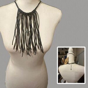 Justin Boots Brown and Black Leather Fringe Necklace with Turquoise Cross Charm